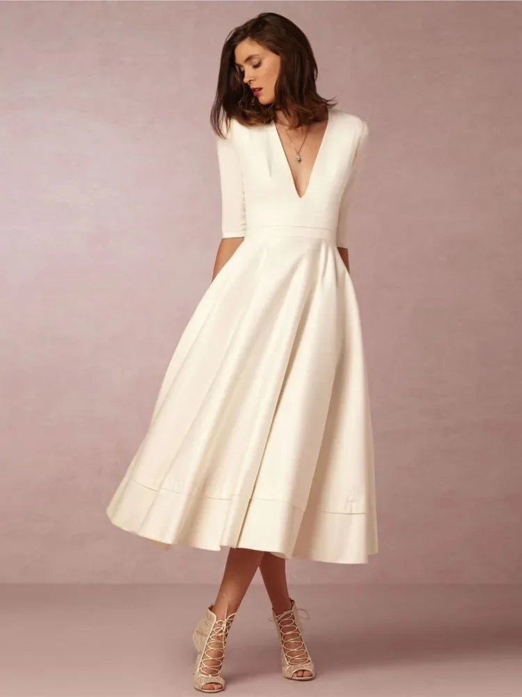 Damen Midikleid mit V-Ausschnitt und ausgestelltem Rock