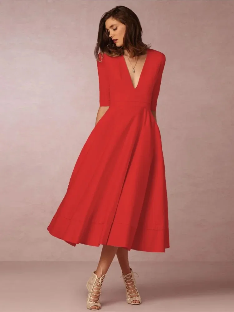 Damen Midikleid mit V-Ausschnitt und ausgestelltem Rock