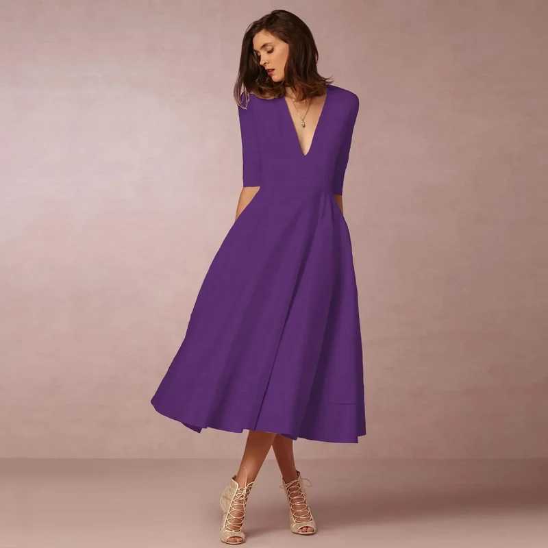 Damen Midikleid mit V-Ausschnitt und ausgestelltem Rock