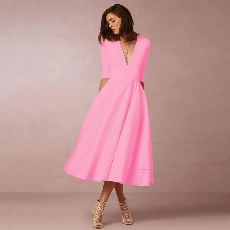 Damen Midikleid mit V-Ausschnitt und ausgestelltem Rock