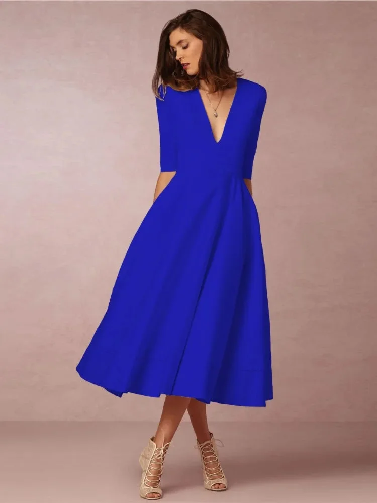 Damen Midikleid mit V-Ausschnitt und ausgestelltem Rock