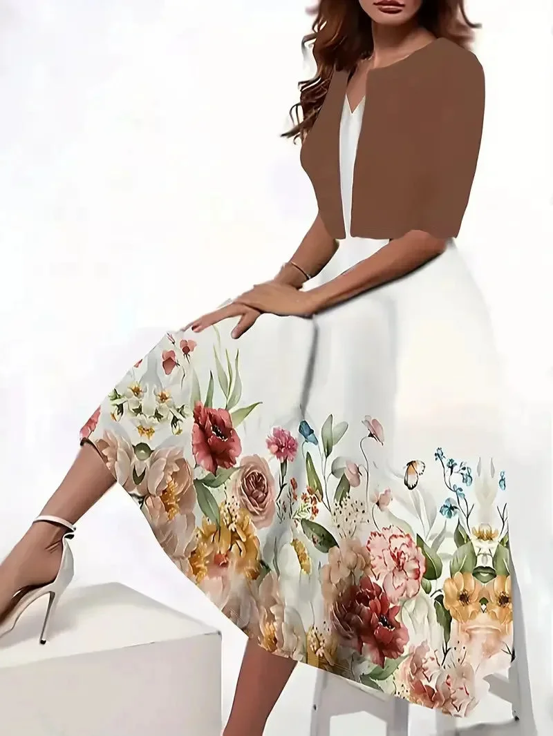 Damen Midi Sommerkleid mit Blazer und Blumenmuster