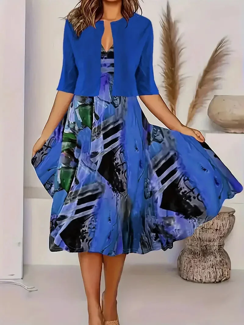 Damen Midi Sommerkleid mit Blazer und Blumenmuster