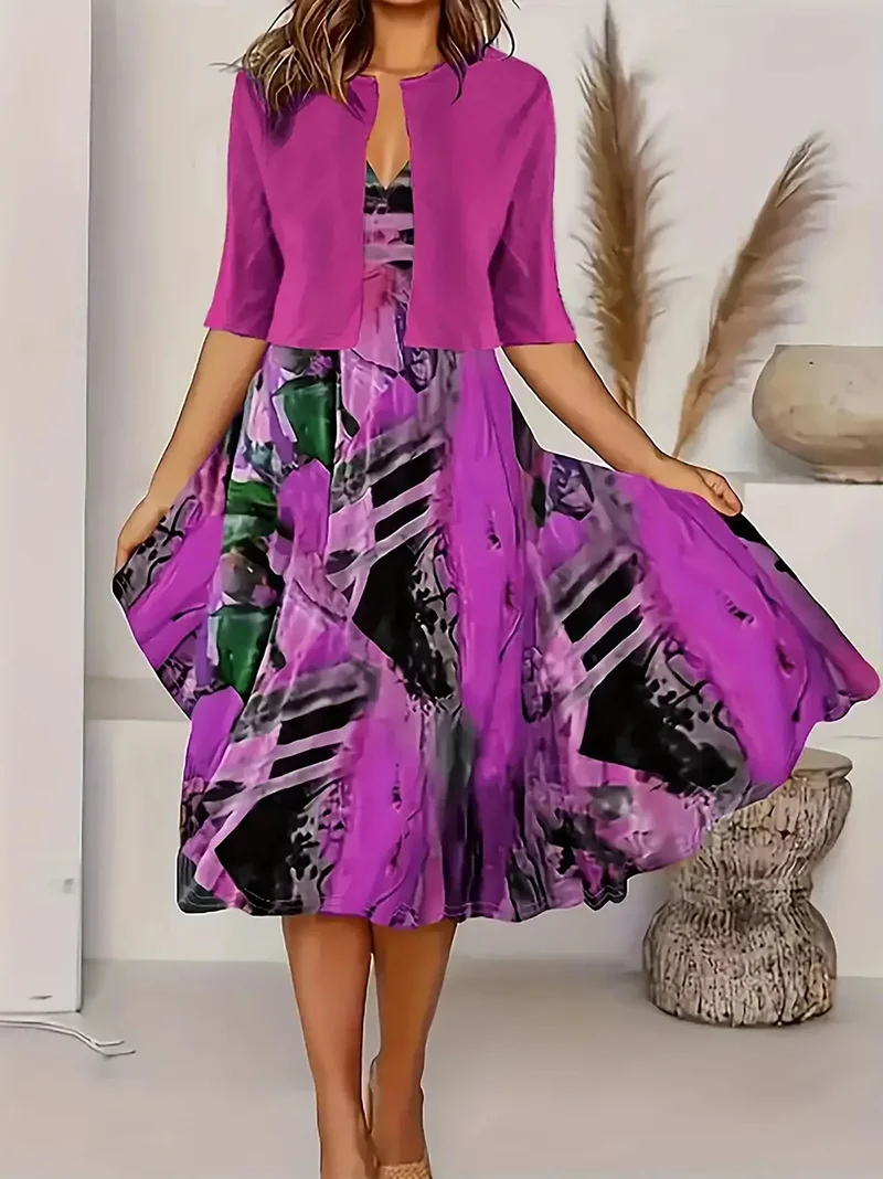 Damen Midi Sommerkleid mit Blazer und Blumenmuster