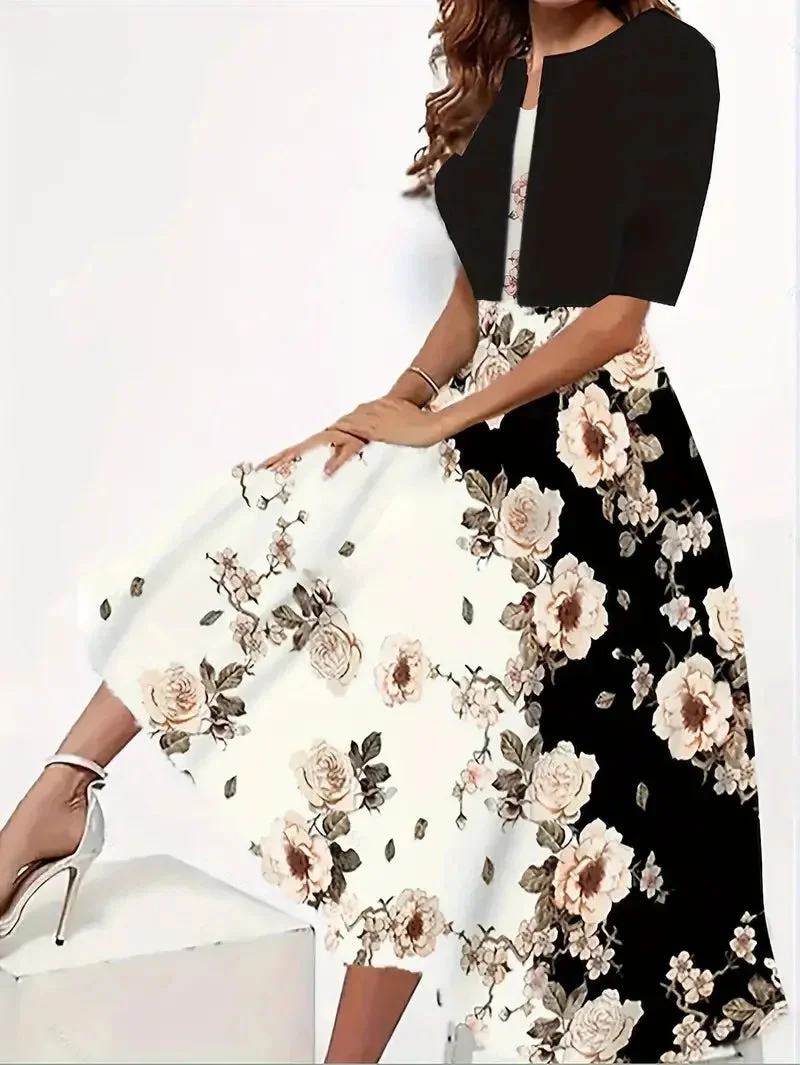Damen Midi Sommerkleid mit Blazer und Blumenmuster