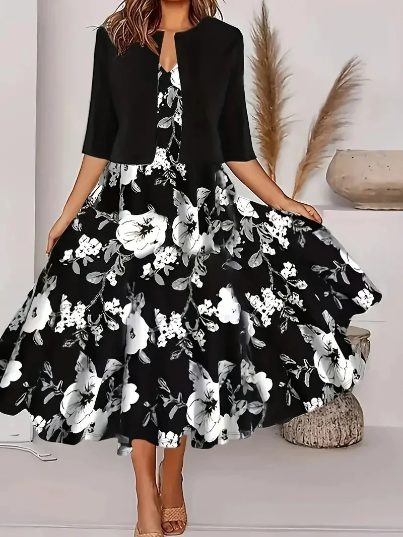 Damen Midi Sommerkleid mit Blazer und Blumenmuster