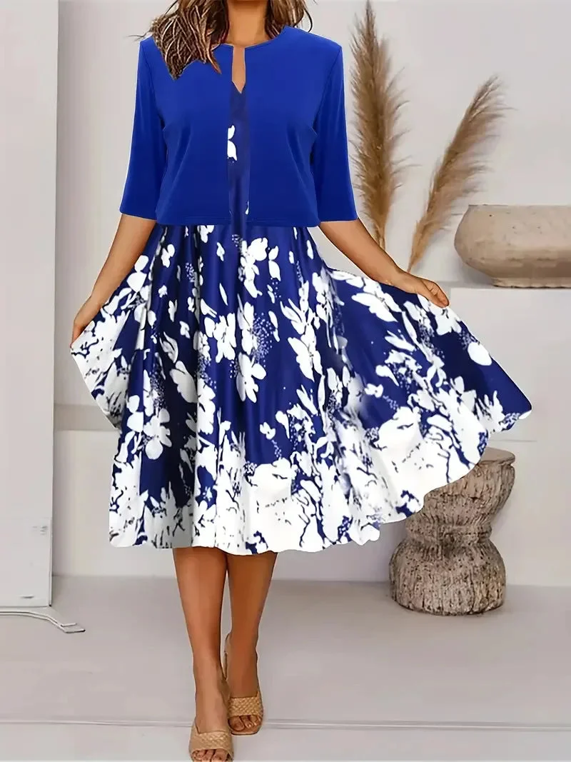Damen Midi Sommerkleid mit Blazer und Blumenmuster