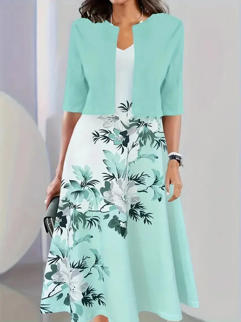 Damen Midi Sommerkleid mit Blazer und Blumenmuster