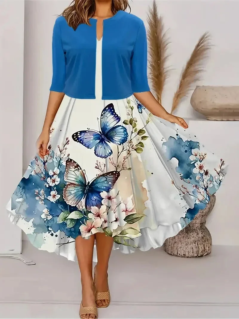 Damen Midi Sommerkleid mit Blazer und Blumenmuster