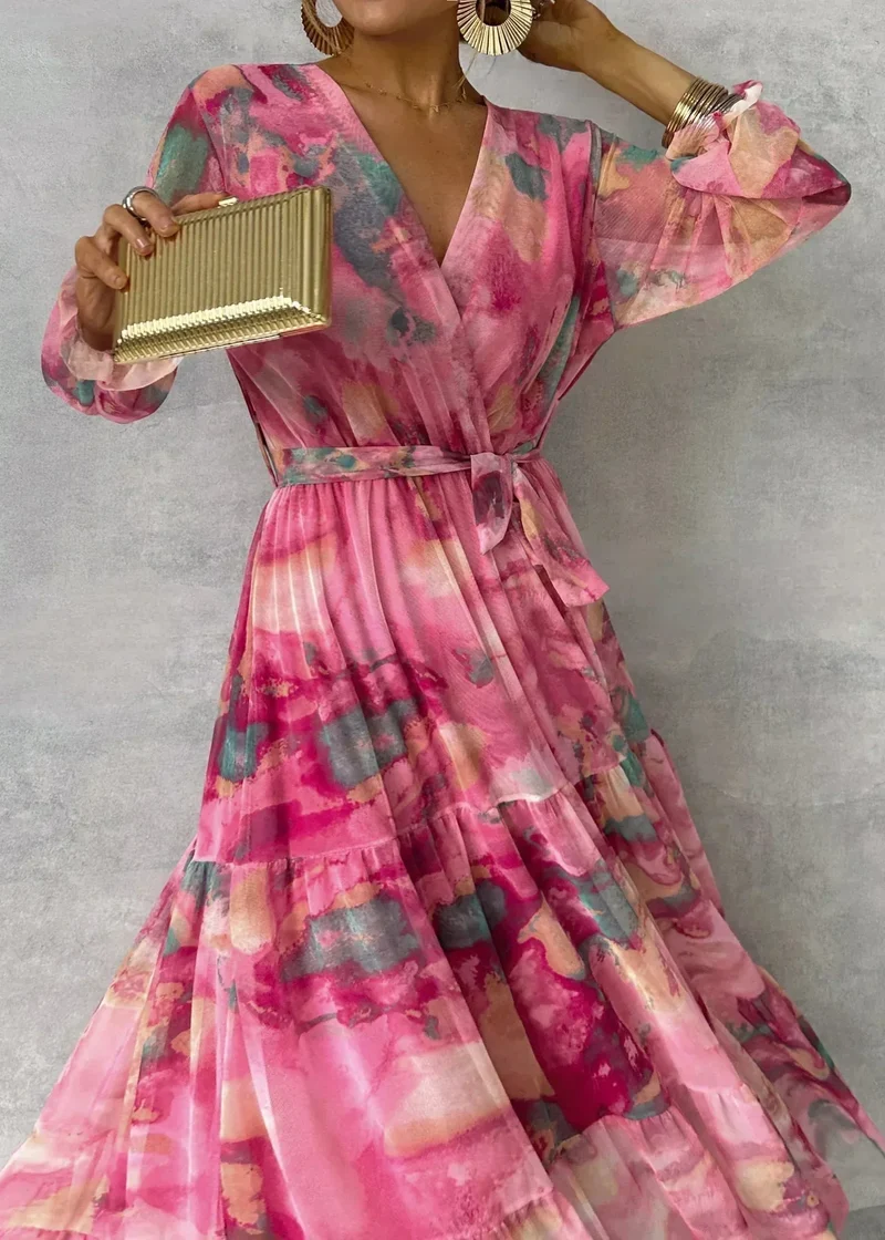 Damen Maxi Wickelkleid mit Blumenmuster in Rosa