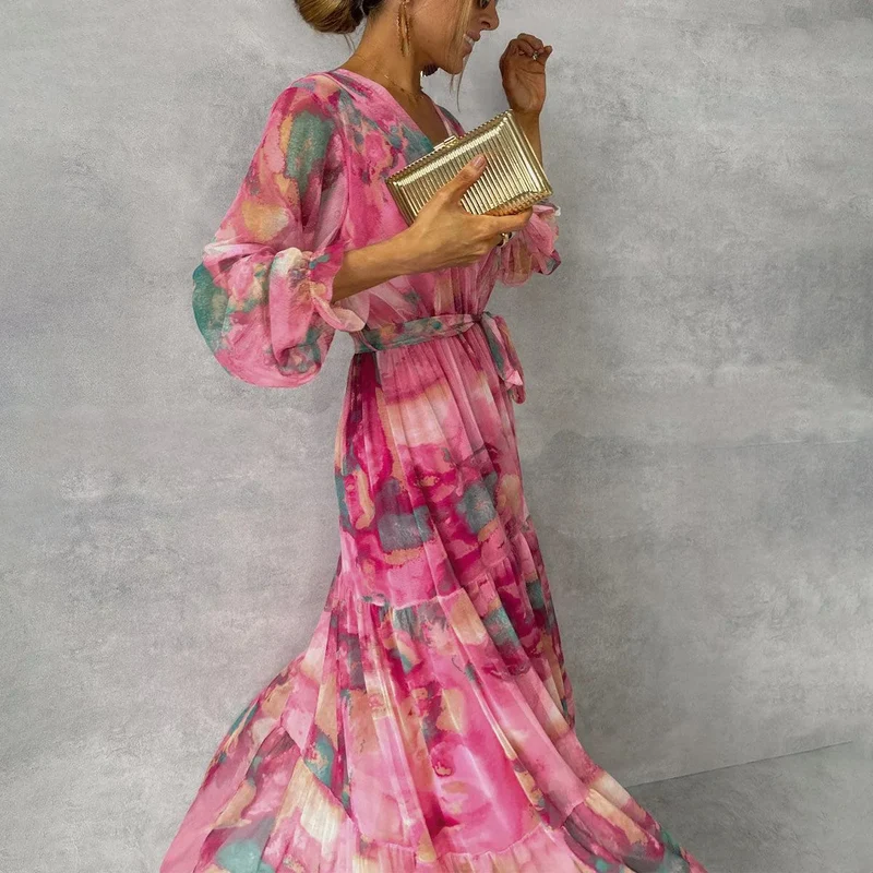 Damen Maxi Wickelkleid mit Blumenmuster in Rosa