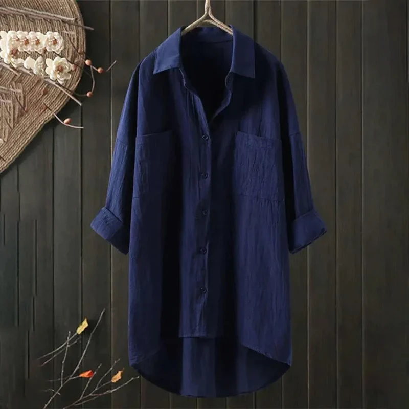 Damen Oversized Bluse mit Brusttasche und Kurzarm