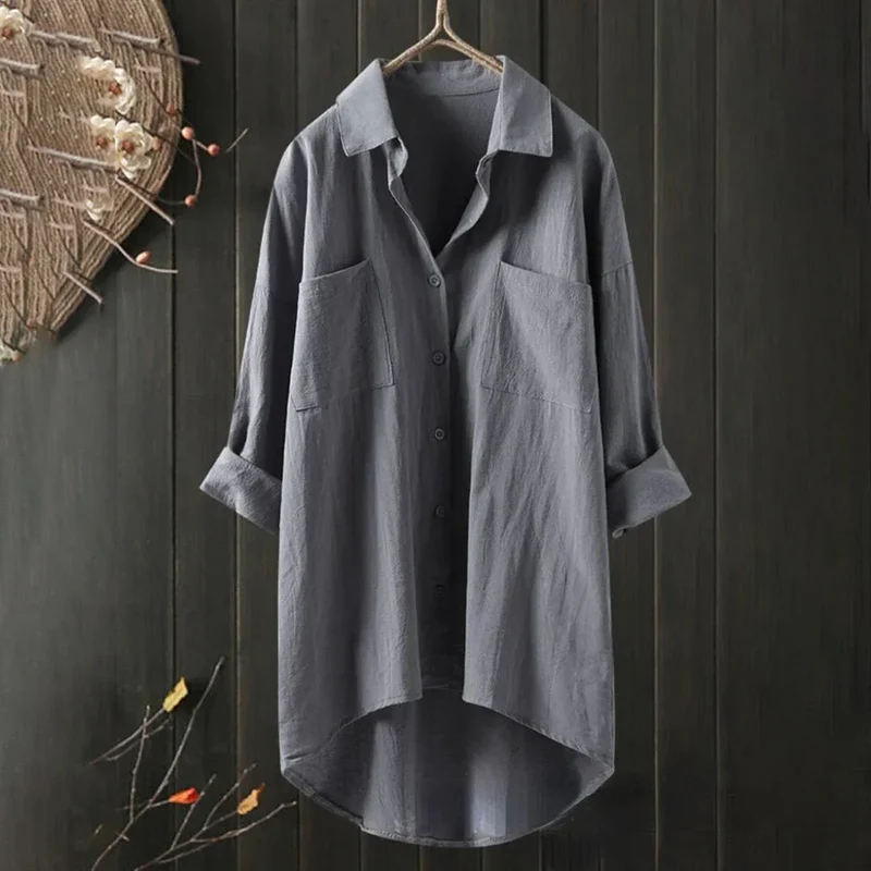 Damen Oversized Bluse mit Brusttasche und Kurzarm