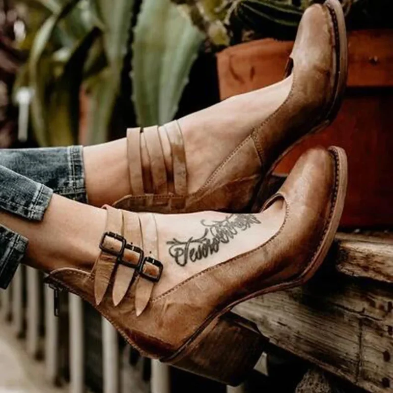 Damen Blockabsatz Pumps mit Riemen und Reißverschluss