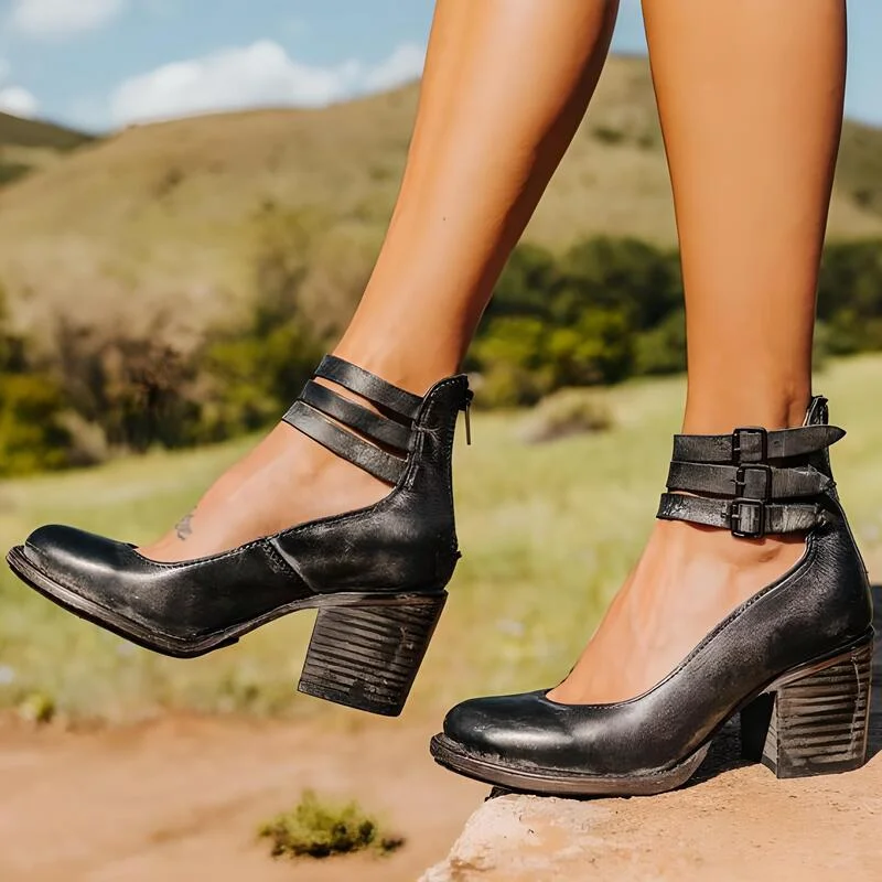 Damen Blockabsatz Pumps mit Riemen und Reißverschluss