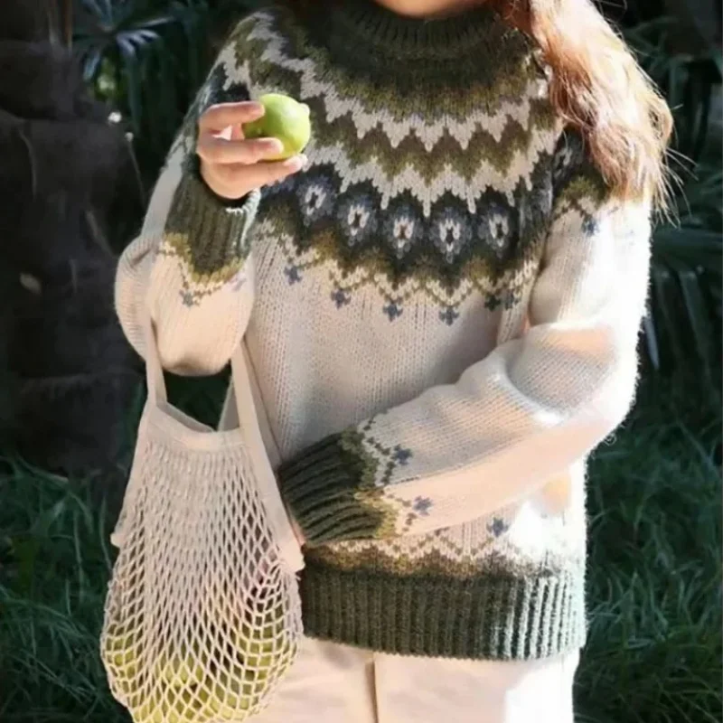 Norweger Grobstrickpullover Damen | Winterpullover Mit Rundhalsausschnitt