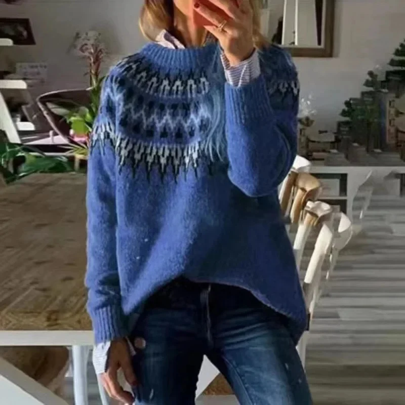 Norweger Grobstrickpullover Damen | Winterpullover Mit Rundhalsausschnitt