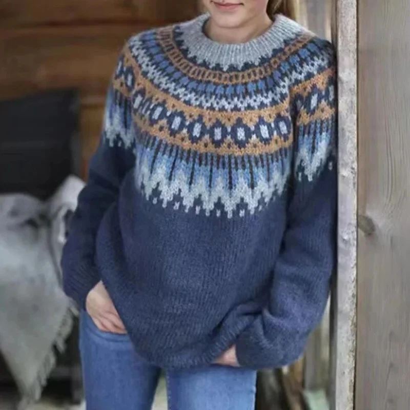 Norweger Grobstrickpullover Damen | Winterpullover Mit Rundhalsausschnitt