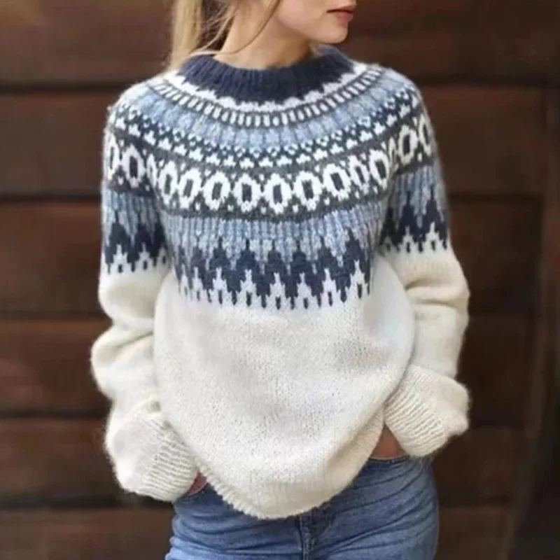 Norweger Grobstrickpullover Damen | Winterpullover Mit Rundhalsausschnitt