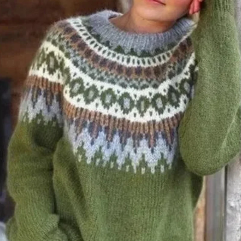 Norweger Grobstrickpullover Damen | Winterpullover Mit Rundhalsausschnitt
