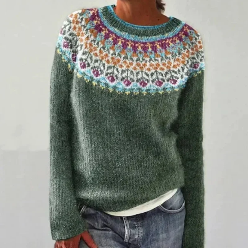 Norweger Grobstrickpullover Damen | Rundhals Langarm Strick