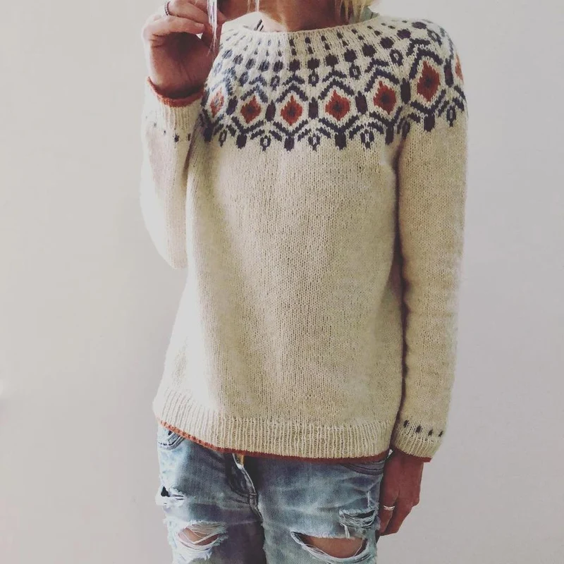 Norweger Grobstrickpullover Damen | Rundhals Mit Geometrischem Muster