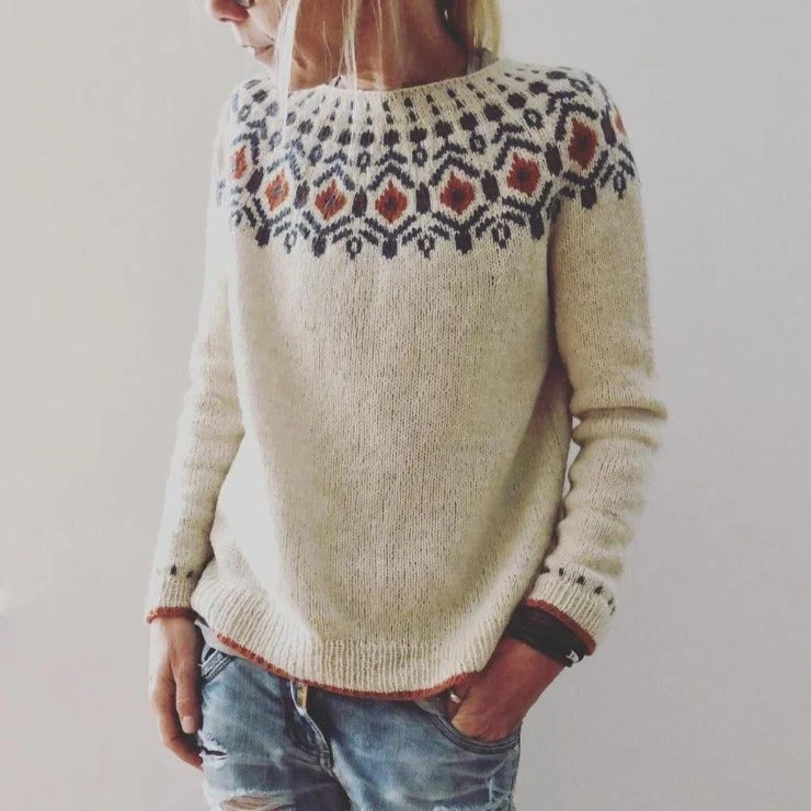 Norweger Grobstrickpullover Damen | Rundhals Mit Geometrischem Muster