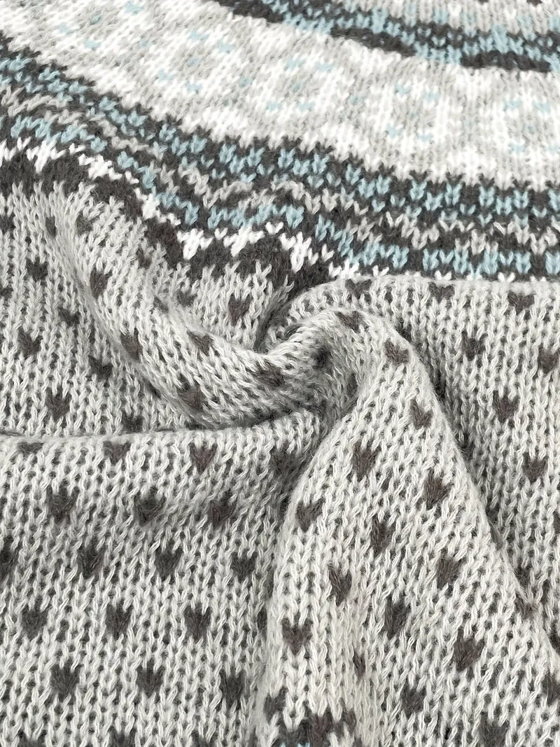 Norweger Grobstrickpullover | Langarm mit Retro Geometrischem Muster