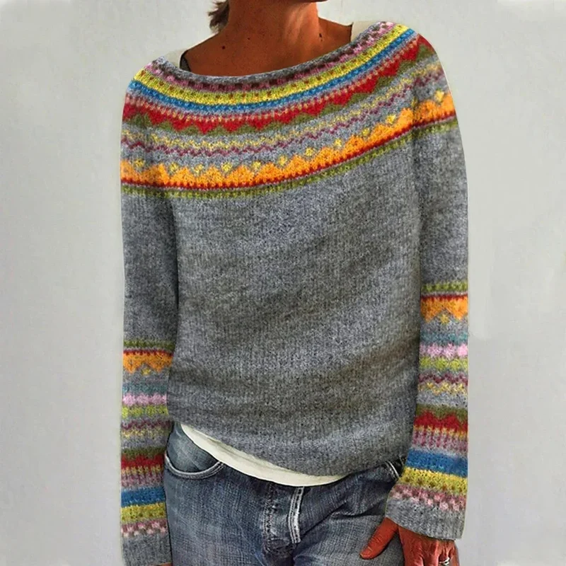 Damenpullover mit buntem Norwegermuster und Rundhalsausschnitt