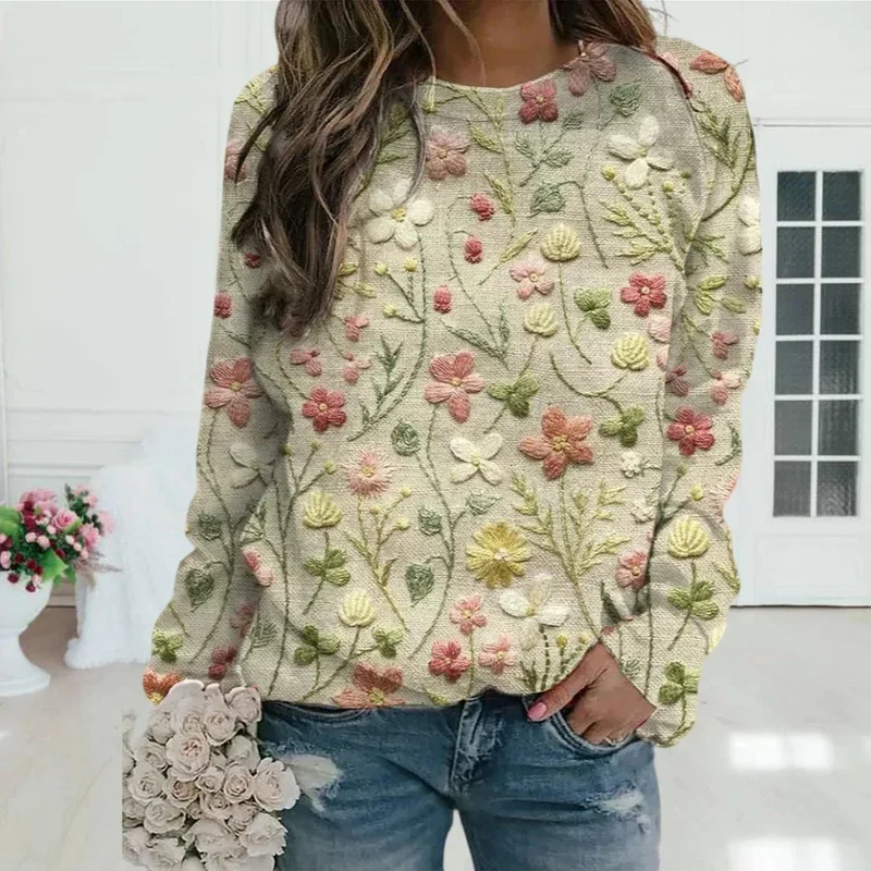 Damen Blumenpullover mit Stickerei in Beige