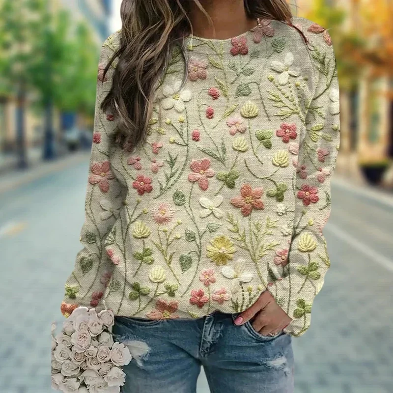 Damen Blumenpullover mit Stickerei in Beige