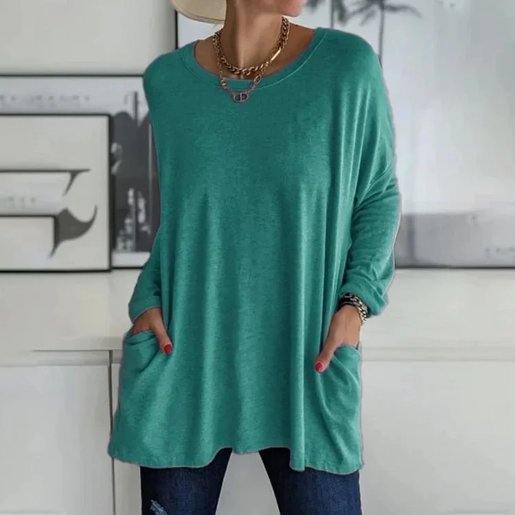 Damen Oversize Pullover mit Rundhalsausschnitt und Taschen