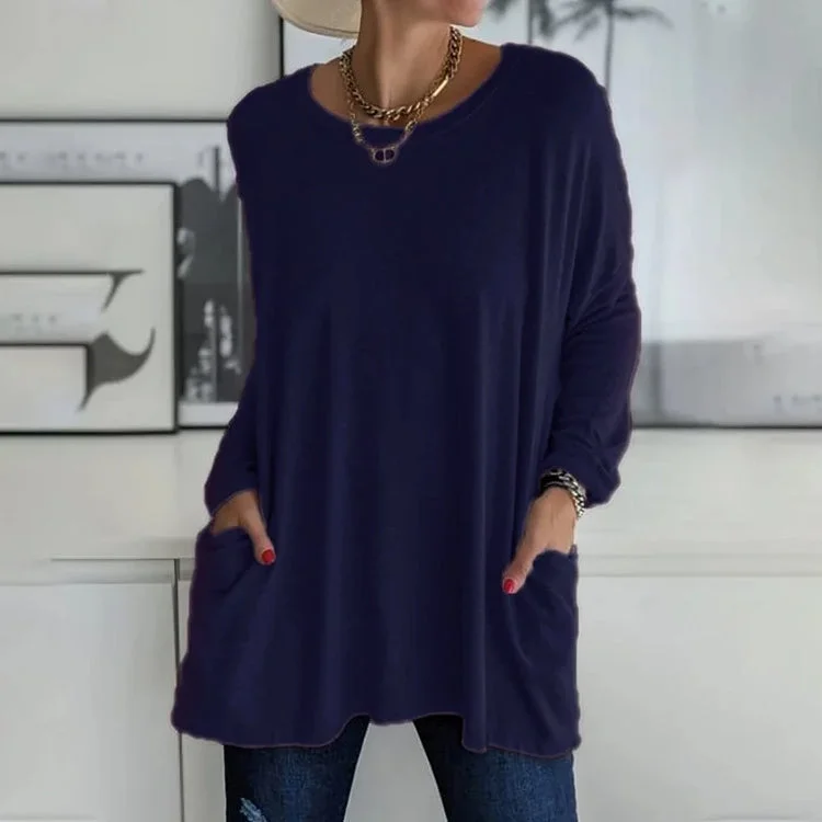 Damen Oversize Pullover mit Rundhalsausschnitt und Taschen