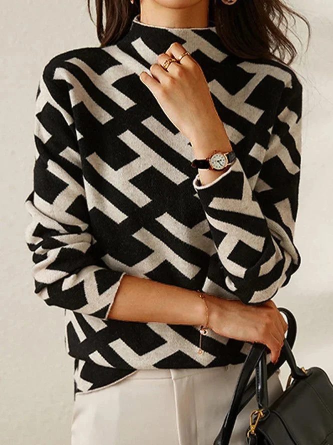 Damenpullover mit geometrischem Muster in Schwarz-Weiß