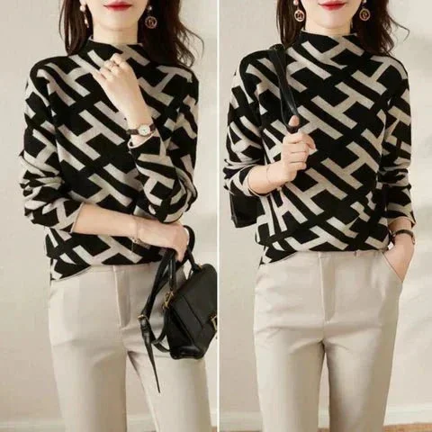 Damenpullover mit geometrischem Muster in Schwarz-Weiß