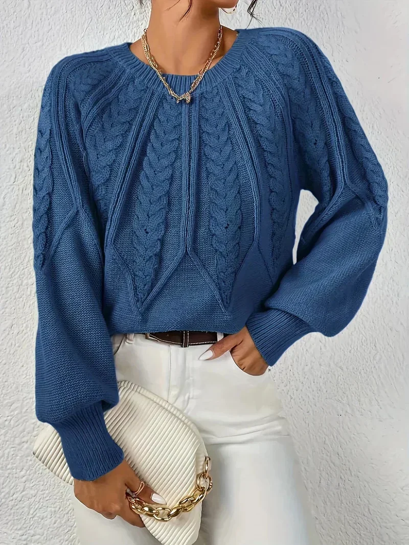 Damen Zopfstrick Pullover mit Rundhalsausschnitt