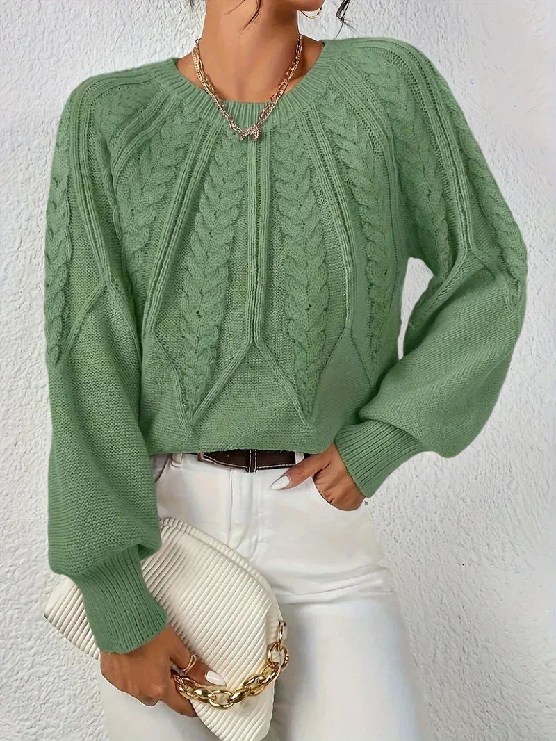 Damen Zopfstrick Pullover mit Rundhalsausschnitt