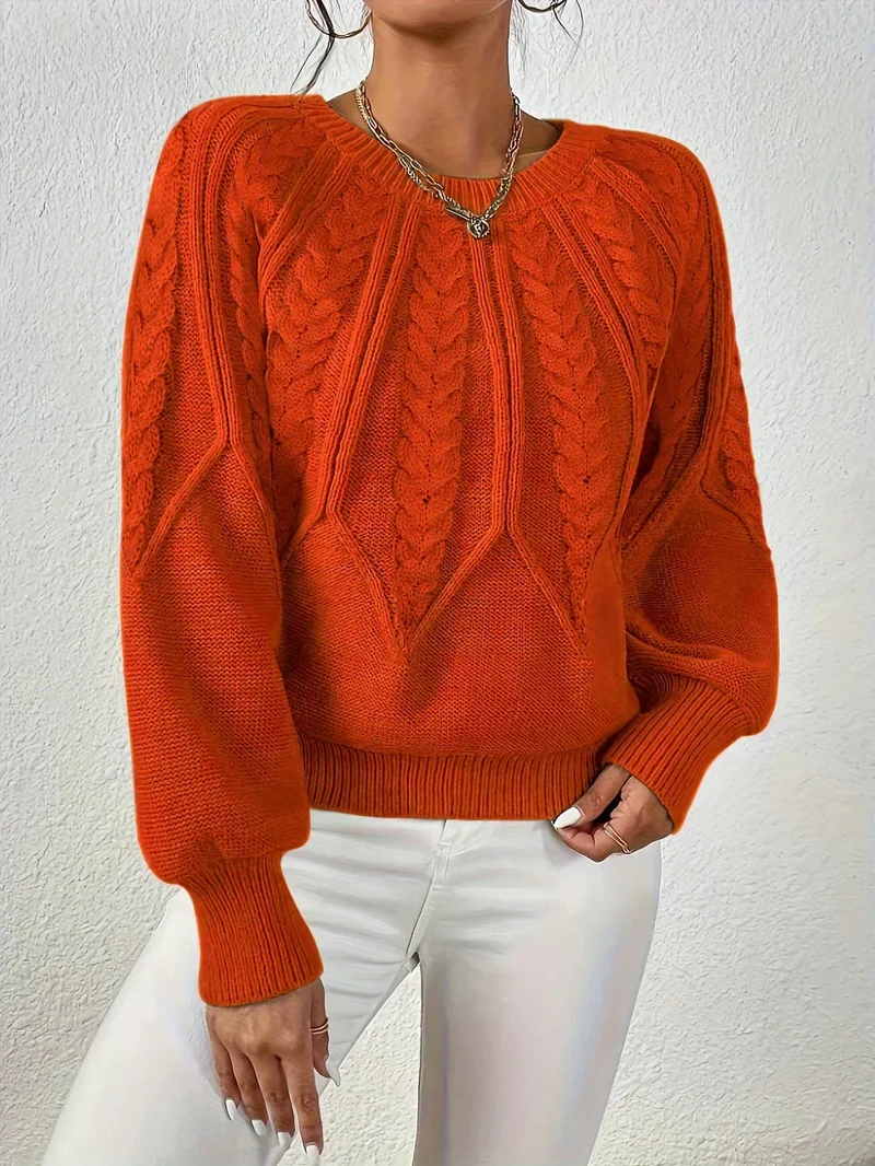 Damen Zopfstrick Pullover mit Rundhalsausschnitt