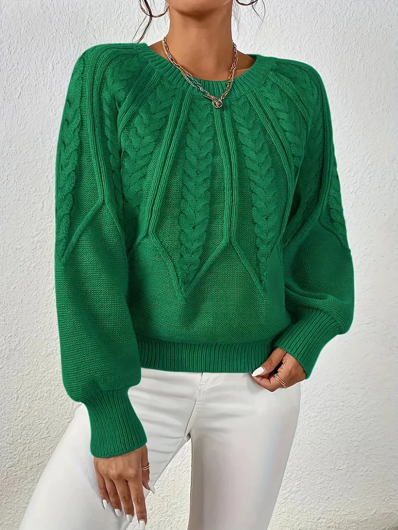 Damen Zopfstrick Pullover mit Rundhalsausschnitt
