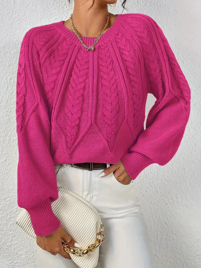 Damen Zopfstrick Pullover mit Rundhalsausschnitt