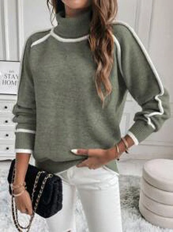 Damen Rollkragenpullover mit weißen Streifen in Grün