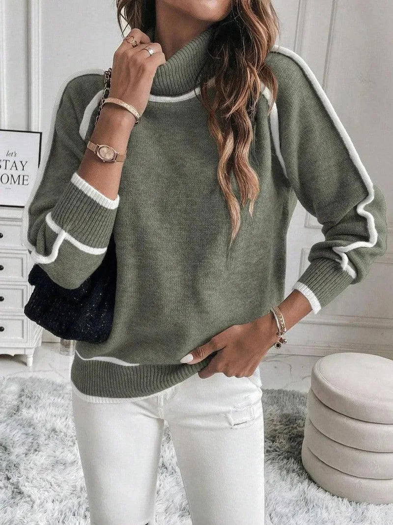 Damen Rollkragenpullover mit weißen Streifen in Grün