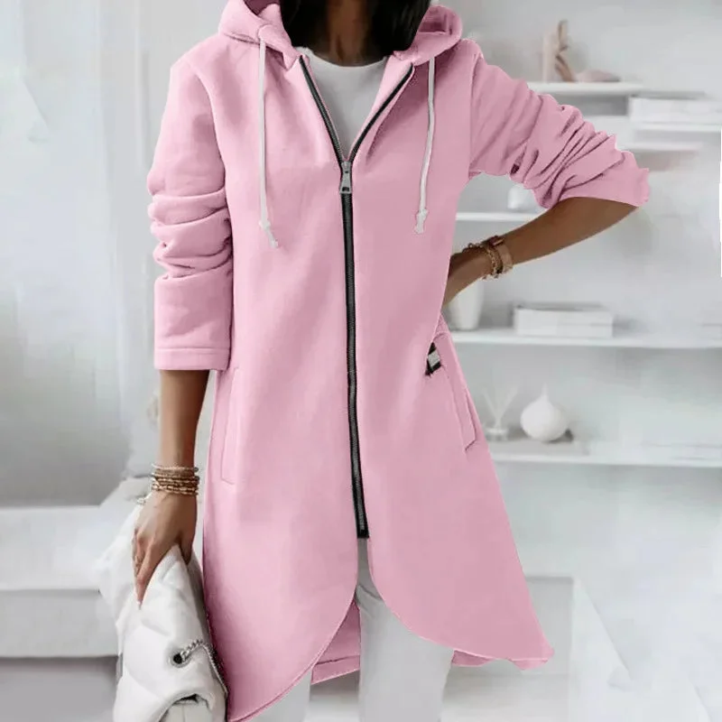 Damen Langes Kapuzenjacke mit Reißverschluss und Taschen