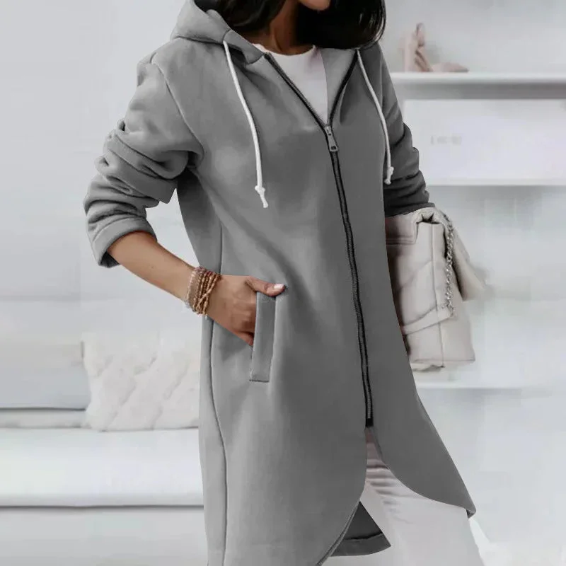 Damen Langes Kapuzenjacke mit Reißverschluss und Taschen