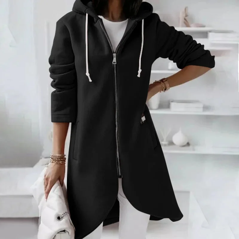 Damen Langes Kapuzenjacke mit Reißverschluss und Taschen