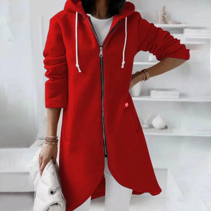 Damen Langes Kapuzenjacke mit Reißverschluss und Taschen