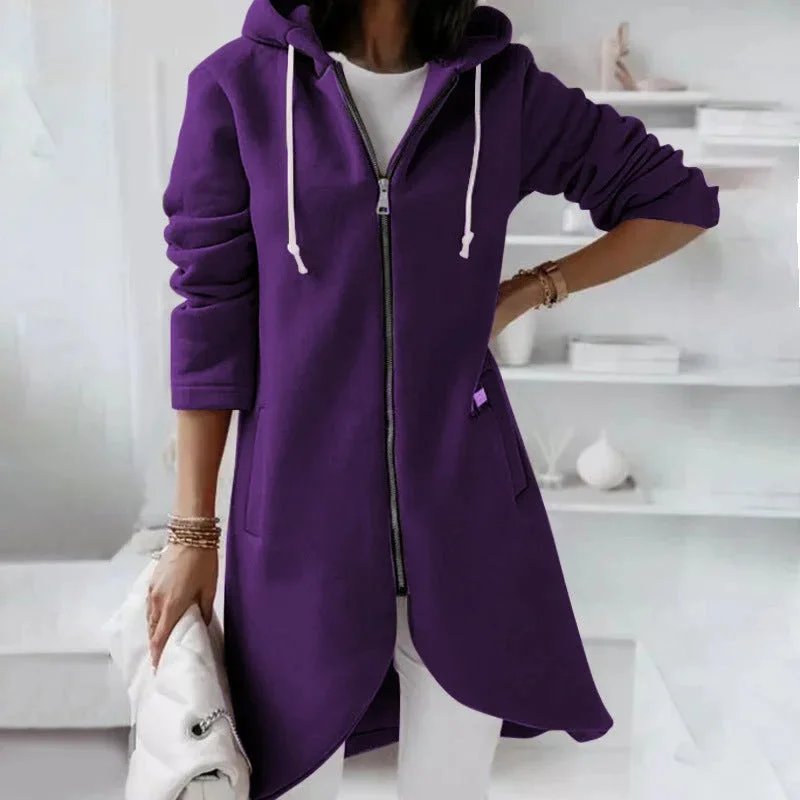 Damen Langes Kapuzenjacke mit Reißverschluss und Taschen