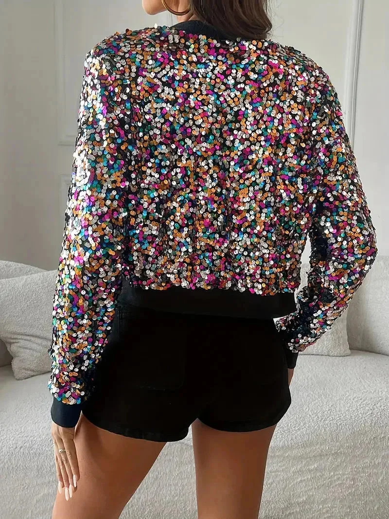 Damen Pailletten Bomberjacke mit Reißverschluss