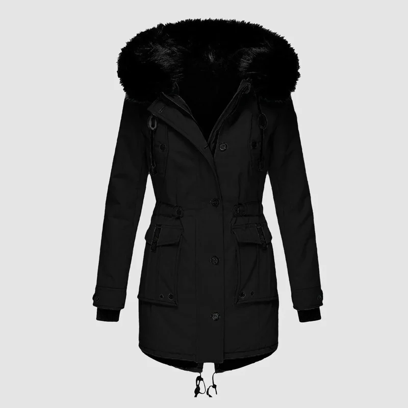 Damen Winterjacke mit Fellkapuze und Taschen