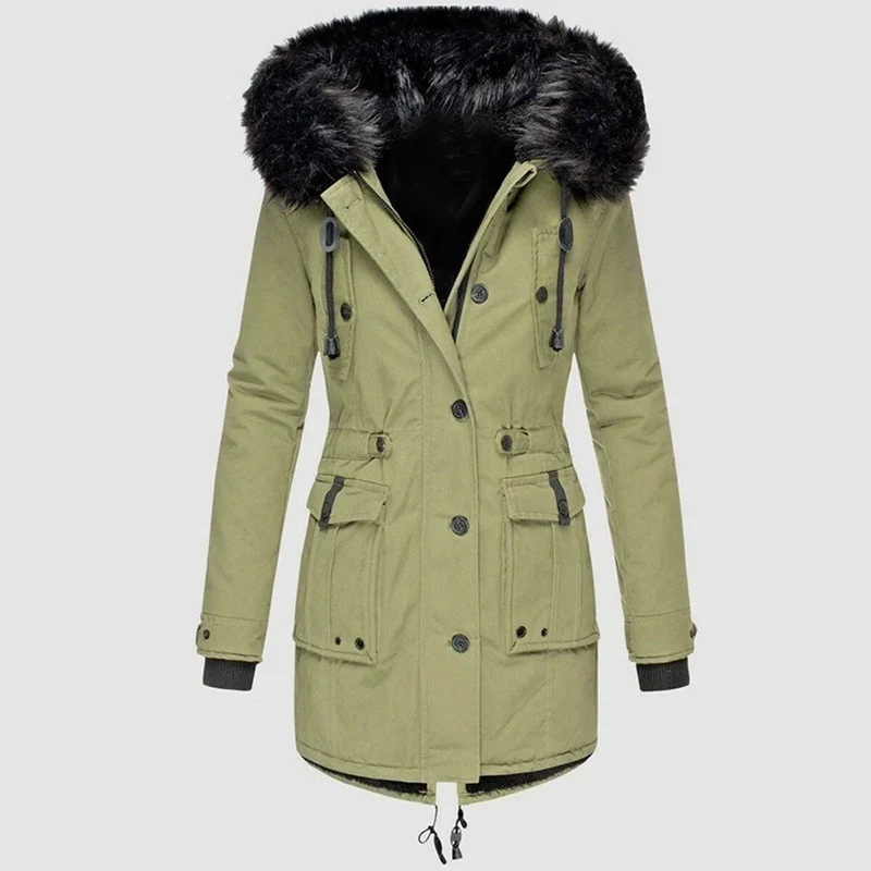 Damen Winterjacke mit Fellkapuze und Taschen
